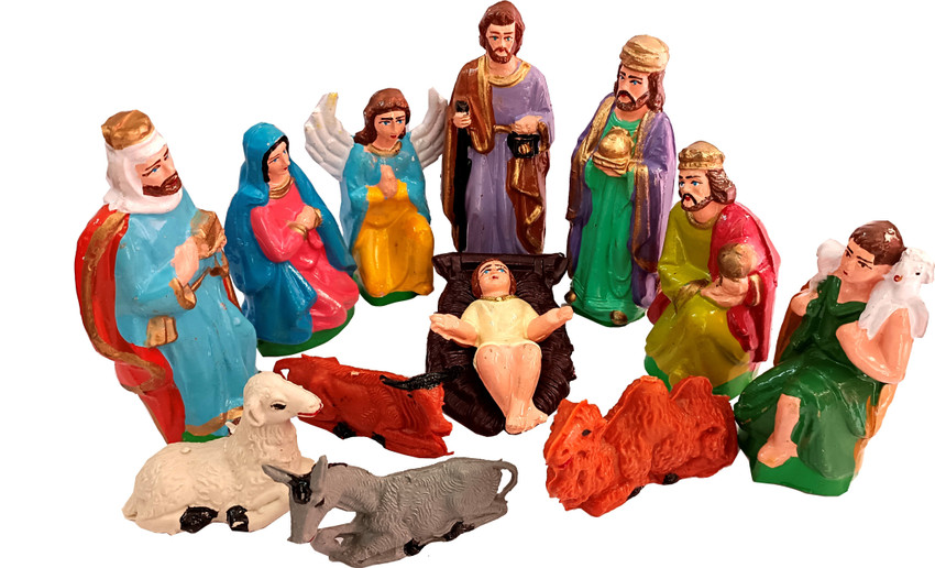 MM 12 Piece Premium Plastic Unbreakable Christmas Nativity Crib Set Kudil Set Decoration with Baby Jesus Mother Mary Saint Joseph 3 King Shepherd Cow Sheep Donkey Separate Pieces 10 cm Pack of 12 Pric...