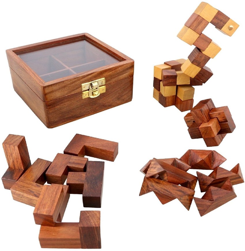 Wooden Brain Teasers, Set of 4, Wood Cube 3D Puzzles for Kids and