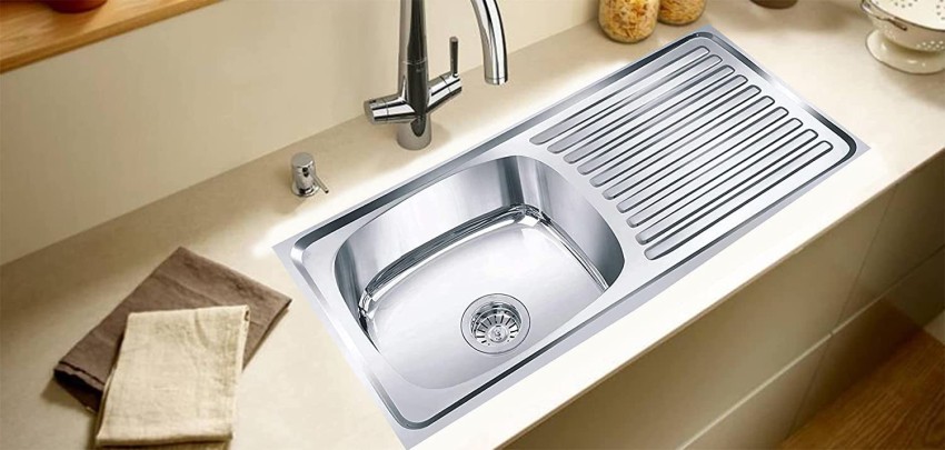 Caisson (37x18x8Inch) Drain board Stainless steel Chrome Finish Kitchen  Sink With Waste Coupling , Vessel Sink Price in India - Buy Caisson  (37x18x8Inch) Drain board Stainless steel Chrome Finish Kitchen Sink With