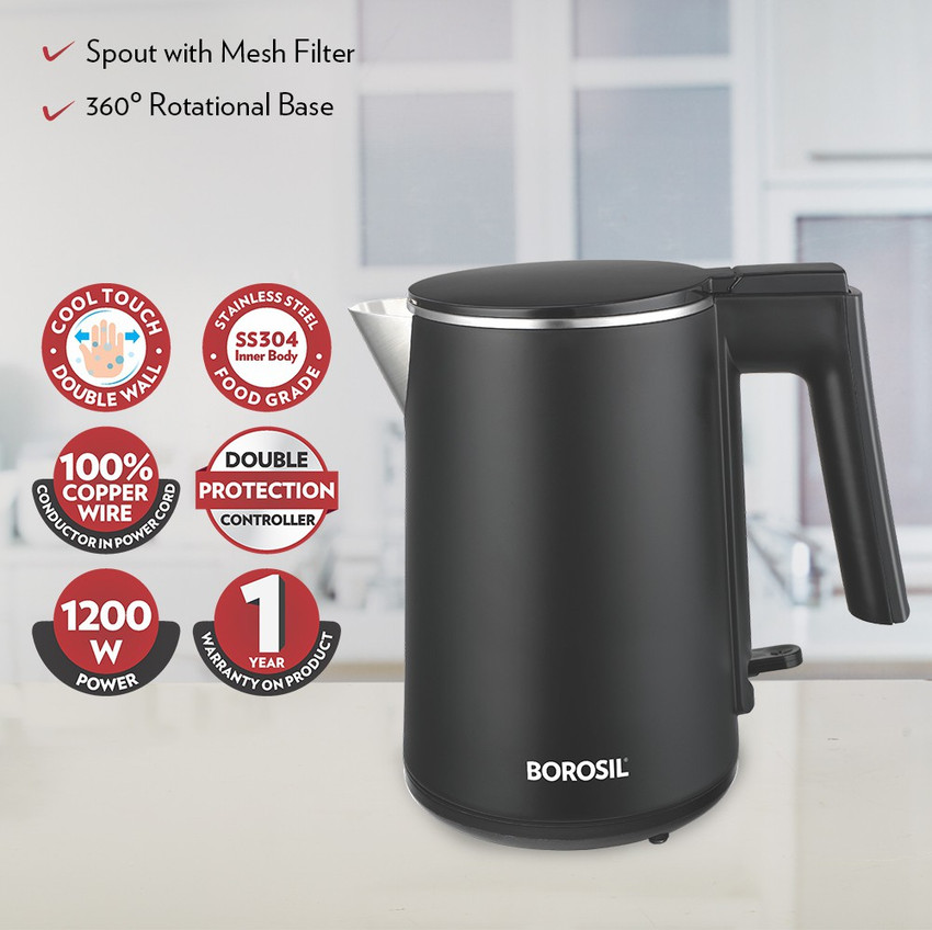 Borosil eva cool touch shop 600ml stainless steel kettle