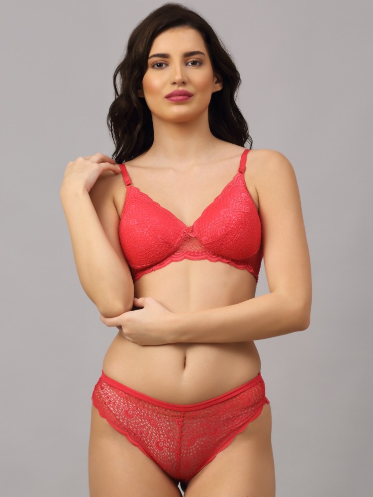 Buy Prettycat Red Polycotton Bra And Panty Set Solid Lingerie Set