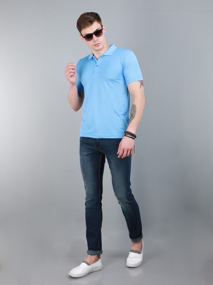 OZIO Solid T-Shirt India at Blue Buy OZIO Blue - Solid Prices T-Shirt Polo Neck in Online Men Neck Polo Best Men