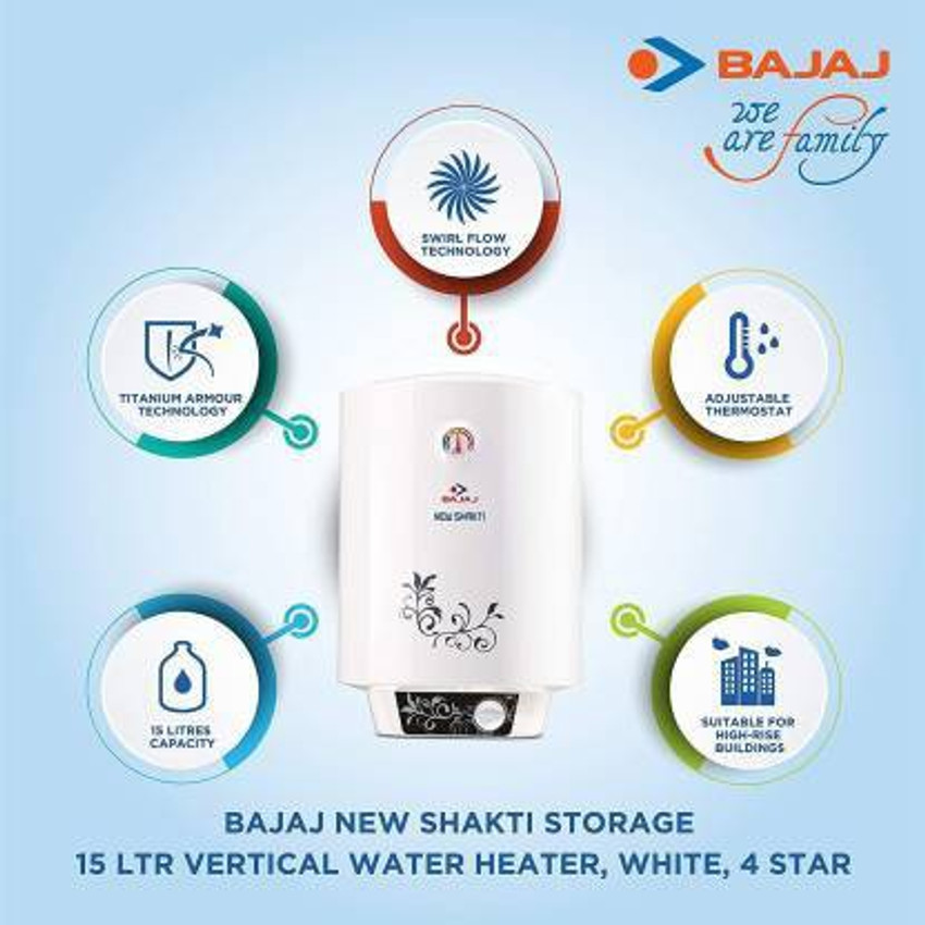 BAJAJ 10 L Storage Water Geyser (New Shakti Glasslined 10 L (150741) With  Free Installation u0026 2 Years Warranty, White) Price in India - Buy BAJAJ 10  L Storage Water Geyser (New