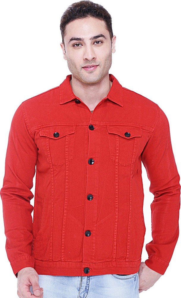 Skenjel Men Red Solid Denim Jacket