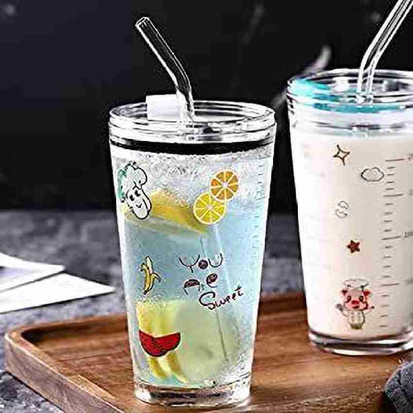 Glass Sipper Cup with Straw and Lid Random Design Cartoon Pattern Drinking  Measuring Glass Mug/Cup