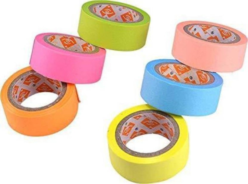Definite Set Of 6 Attractive Neon Color Adhesive Paper Tapes  For Decorative Purposes Like Art And Craft Projects, Labelling ( SIZE -  15MM X 5 MTR) Manual Coloured Paper Tape (