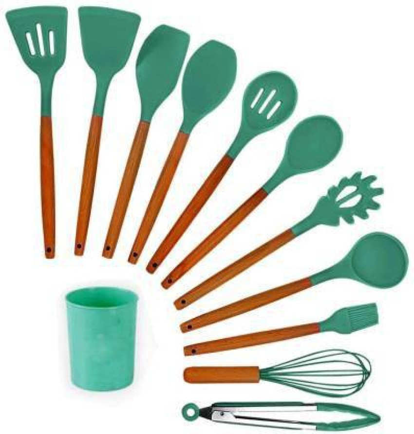 Silicone Cooking Utensil Kitchen Utensils Set, 12 Pieces Silicone Kitchen  Utensil Wooden Handles, Kitchen Spatula Sets with Holder Spoon Turner Tongs,Mint  Green 