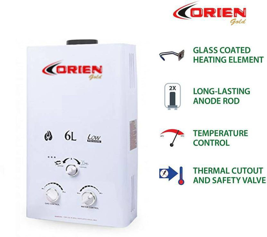 orien gold 6 L Gas Water Geyser (Gold LPG Instant Gas Water Heater Special  Anti Rust Coating Body with ISI Approved 100% Copper Tank Silver Metallic 1  Year Warranty, White) Price in