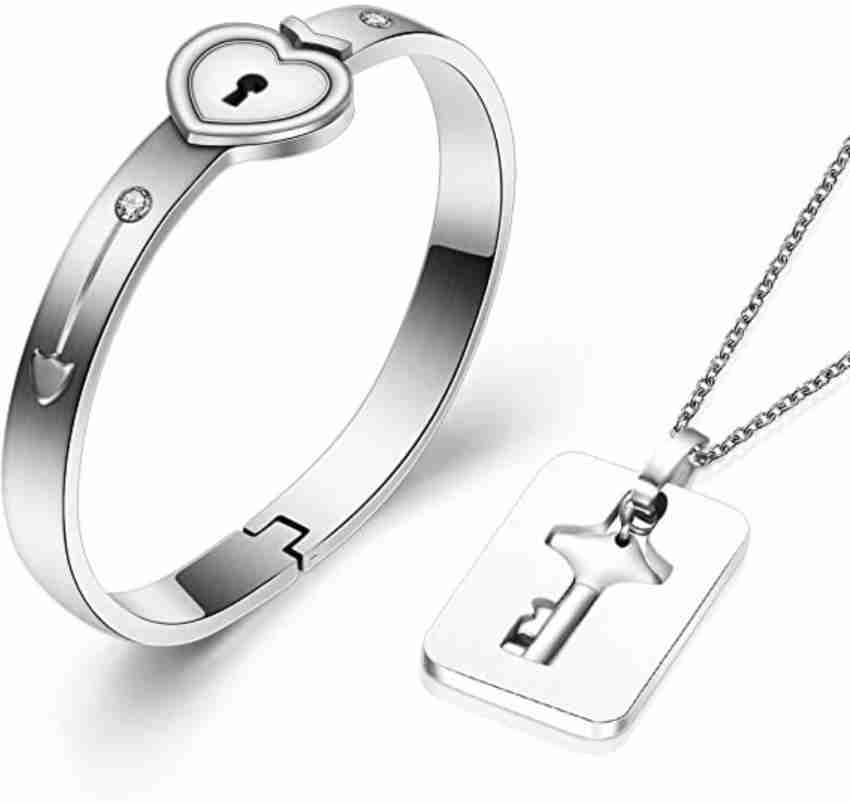 Plated Titanium Matching Puzzle Couple Heart Lock Bracelet and Key Pendant  Necklace for Men and Women 