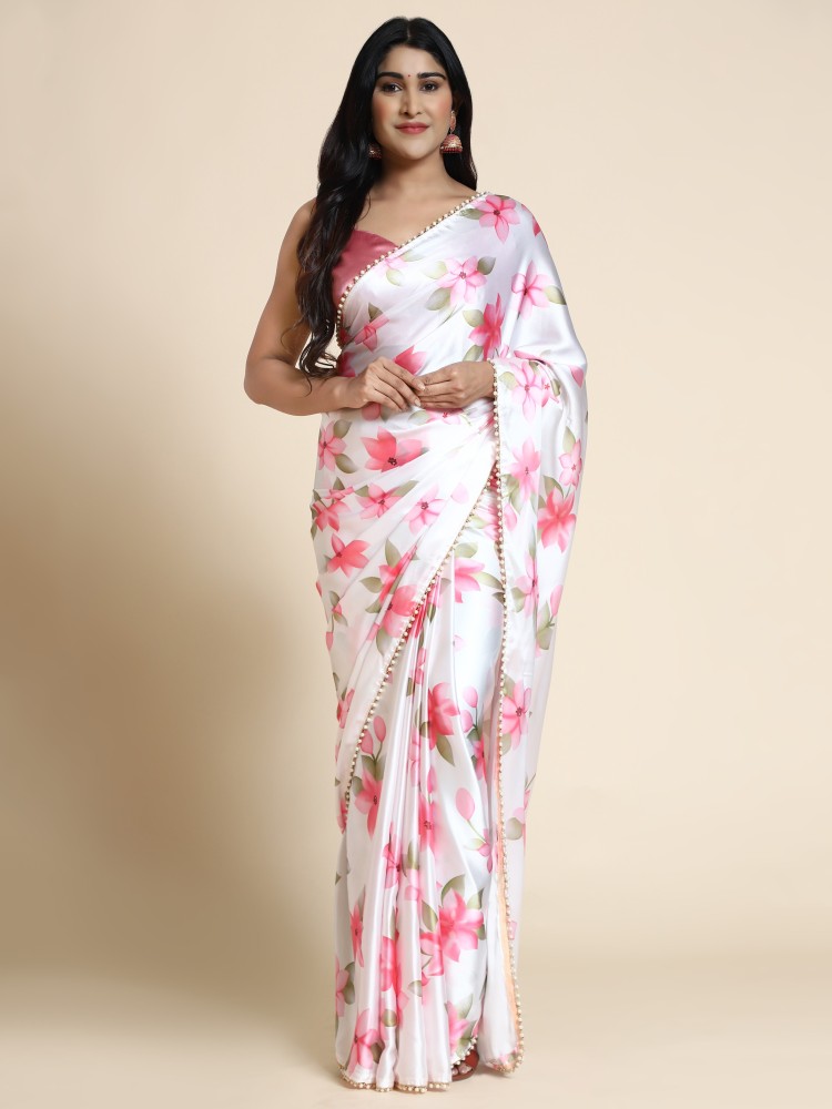 Satin Floral Printed White Saree