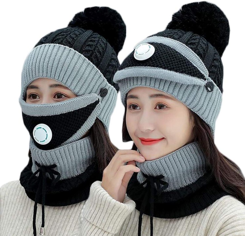 Fashion Point Pom Pom Hat Neck Warmer Mouth Mask, Thick Warm Winter Lined  Beanie Cap Scarf Face Cover 3-Piece Set for Women's_Free Size, Solid Beanie  Cap - Buy Fashion Point Pom Pom