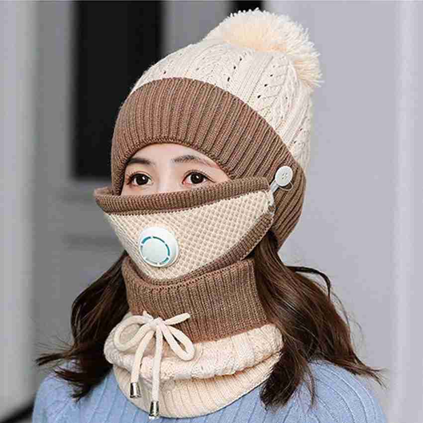 Fashion Point Pom Pom Hat Neck Warmer Mouth Mask, Thick Warm