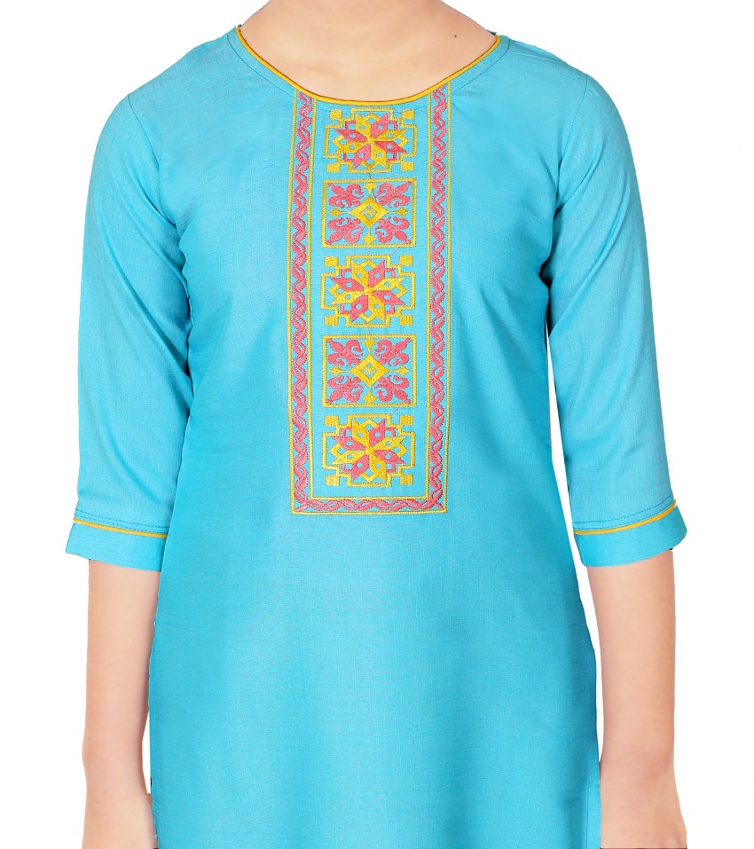 Buy Sevgi Girl's Cotton Linen Blend Embroidered Kurti with Leggings Set  (Lime 4-5 Years) at