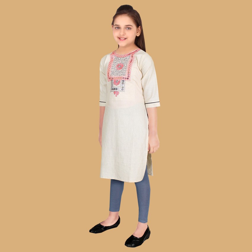Buy Sevgi Girl's Cotton Linen Blend Embroidered Kurti with Leggings Set  (Lime 4-5 Years) at