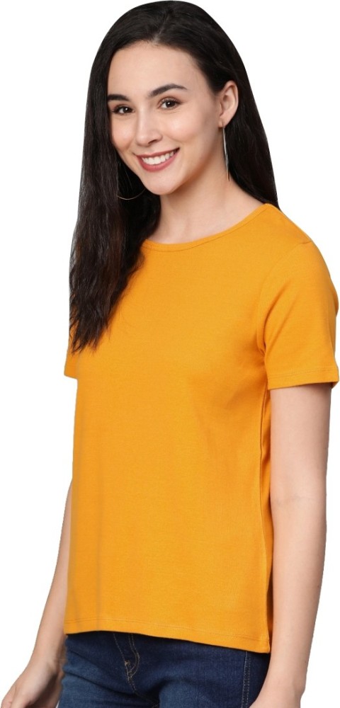 MEJUN Solid Women Round Neck Yellow T-Shirt - Buy MEJUN Solid