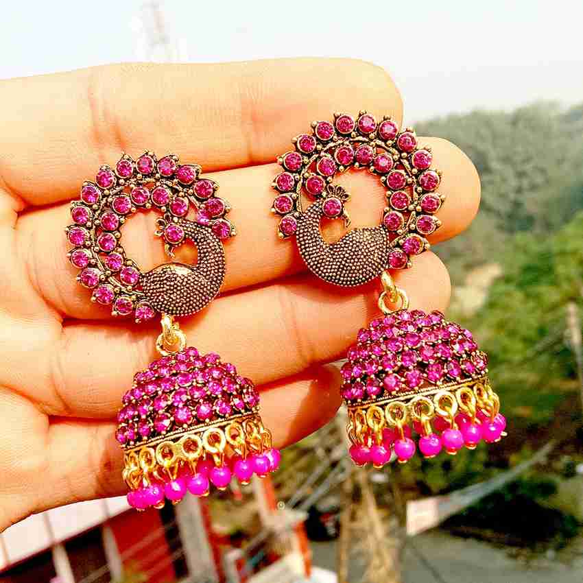 Flipkart Buy Anish pink color peacock fancy stone jhumka earrings for women wedding jhumki earrings Alloy Jhumki Earring Online at Best Prices in India