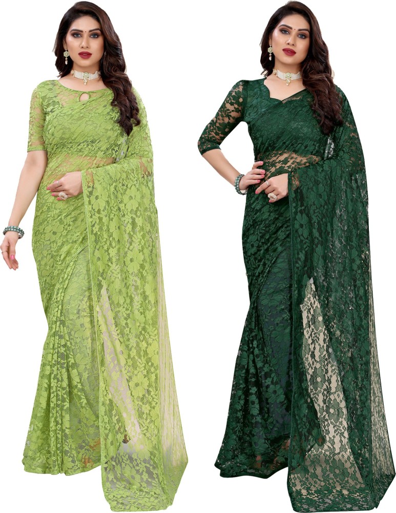 Buy Samah Embellished, Dyed, Solid/Plain Bollywood Net Dark Green