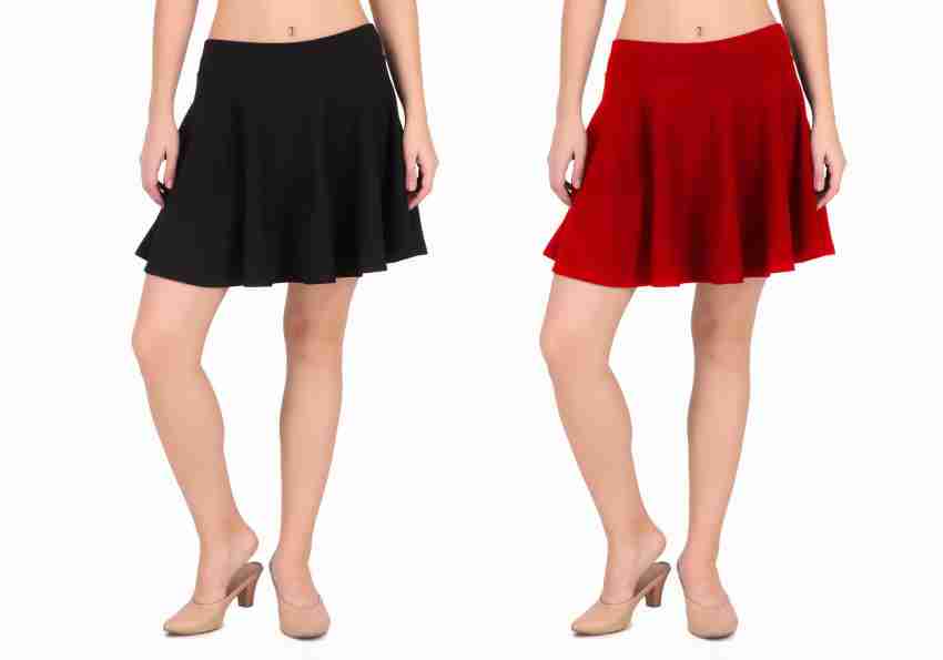 Basic Solid Stretchy Cotton High Waist A-line Flared Skater Mini Skirt