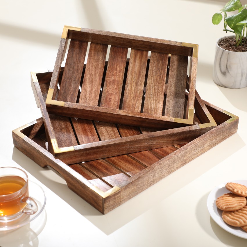 Acacia Wood Serving Tray with Handles,Wooden Tray, Snack Tray, Breakfast  Tray, Great for, Breakfast, Coffee Tables, Homes, Restaurant|Size- 15 x  10