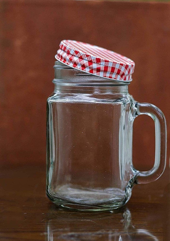 450ml Glass Mason Drinking Jars With Checked Lids And Striped