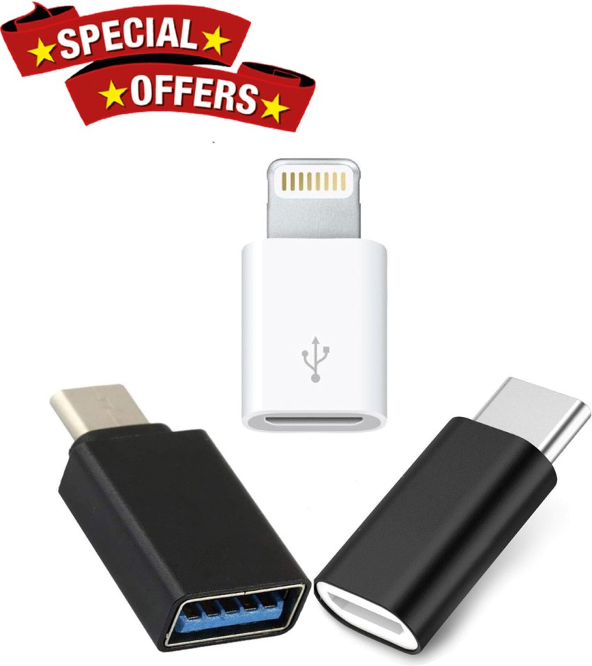 WILDBRAIN Multicolor Type-C to Micro USB OTG Adapter + OTG Enabled Type C  Devices + Micro USB to Lighting 8 pin Cable Charger Adapter Converter USB  Connector Data Transfer Compatible Combo Pack