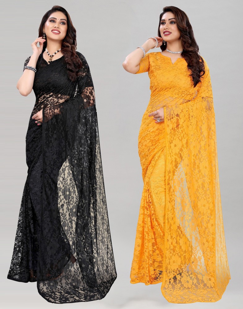 Buy Samah Self Design Bollywood Net Black, Yellow Sarees Online