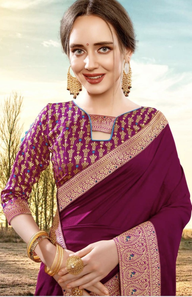Saree Silk Purple With Blouse Plain Silk Saree, Simple, 43% OFF