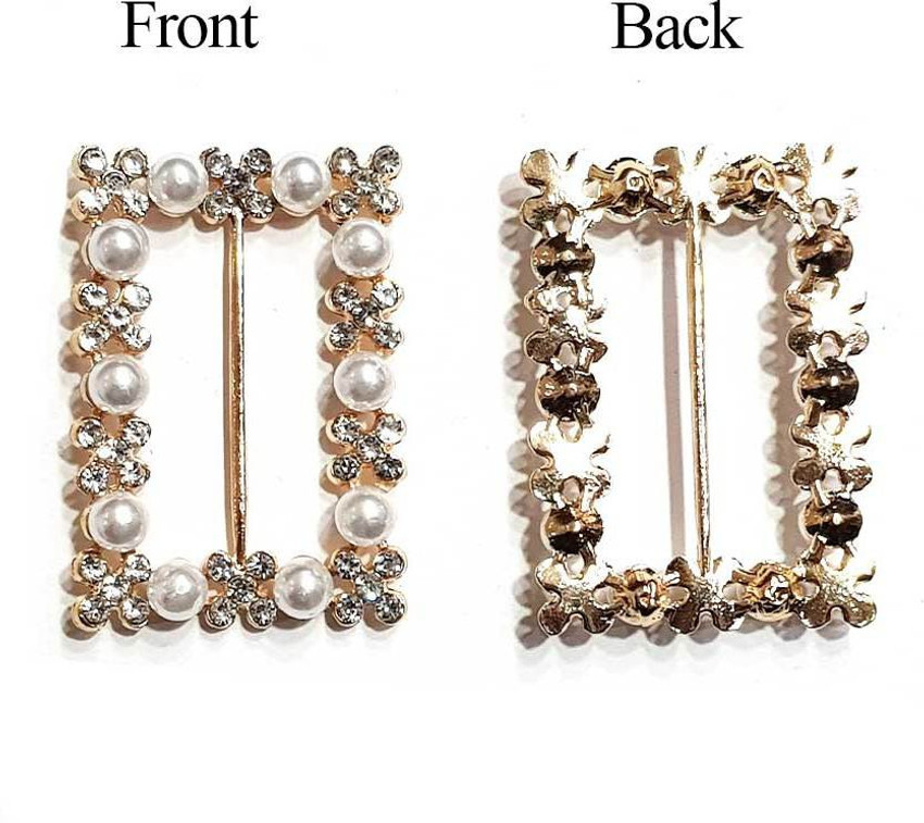 Mohan Shoppe Golden Stone and Pearl Beads Work Rectangular Fancy Buckle Belt Buckles on dresses decorating different craft items footwear items Pack Of 1 piece Golden Stone and Pearl Beads