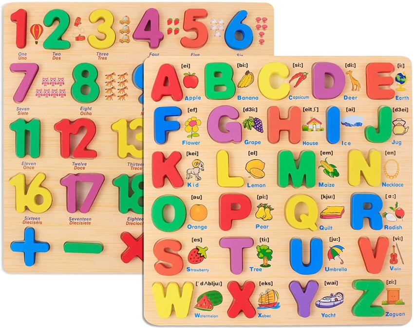 Authfort 2-in-1 Toddler Wooden Jigsaw Puzzle Set Number Shaped ABC