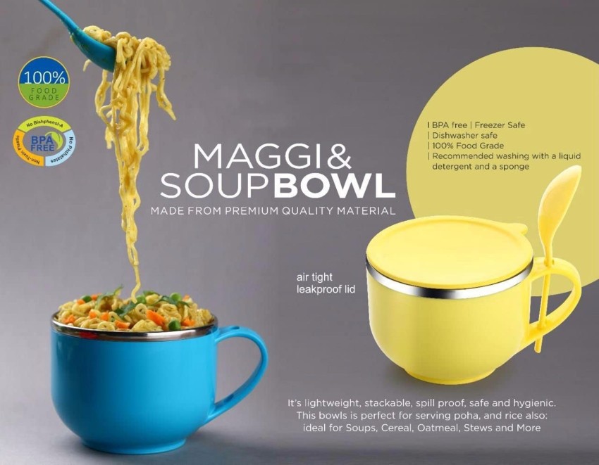ZILLTOYIN Maggi Noodles & Soup Bowl with Spoon, Handle (600 ML)1 PCS  Stainless Steel Bath Mug Price in India - Buy ZILLTOYIN Maggi Noodles & Soup  Bowl with Spoon, Handle (600 ML)1