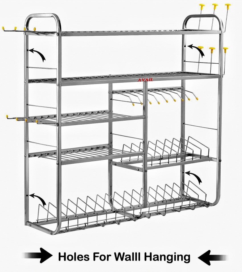 AVAIL Stainless Steel 5 Shelf Wall Mount Kitchen Utensils Rack