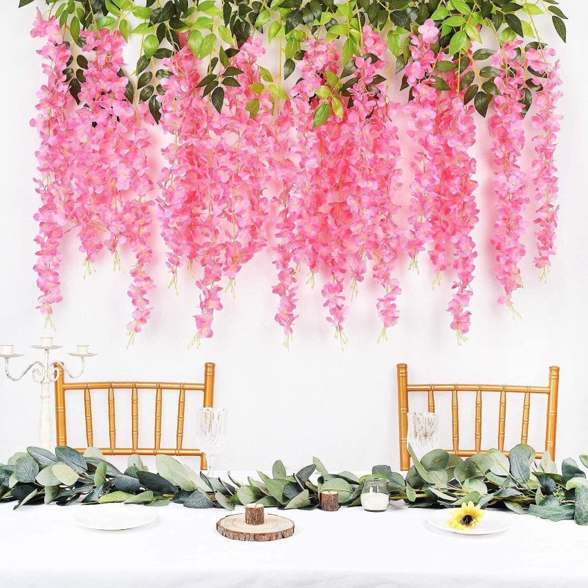 3 Pack Artificial Winter Jasmine Ratta Hanging Garland Silk Flowers String Dark Pink in Blue