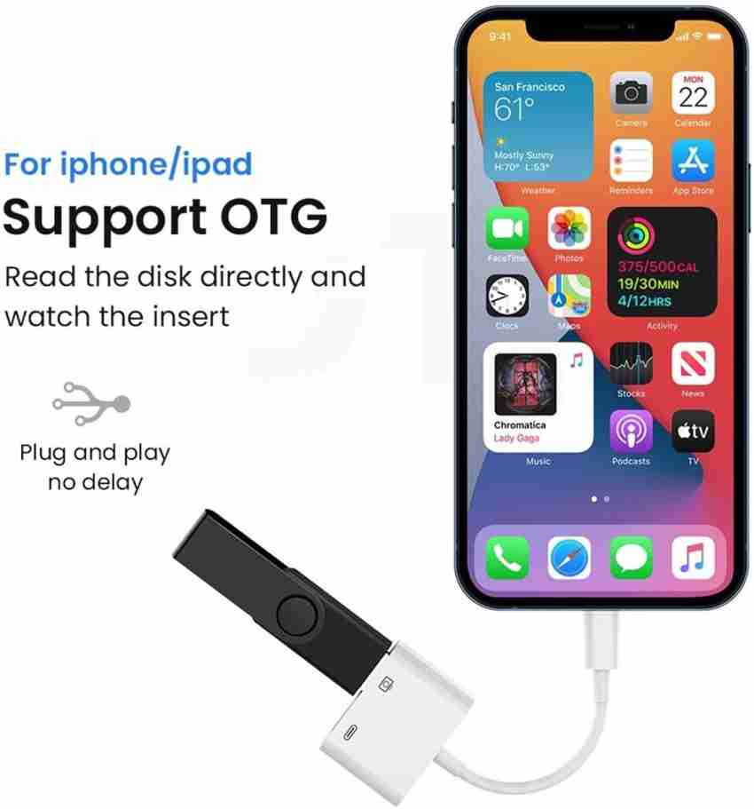 Apple Lightning to USB Camera Adapter USB 3.0 OTG Cable Adapter Compatible  with iPhone/iPad,USB Female Supports Connect Card Reader,U