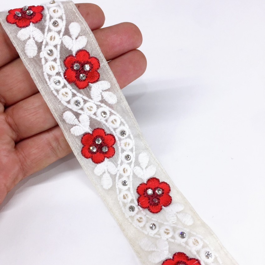 Red Rose Floral Embroidered Lace Trim