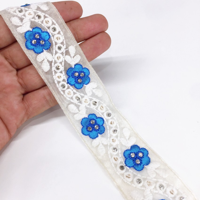 Lami 9 Meter Blue Flower Design White Embroidery Lace with Diamond Work on  Net Tissue, Parsi Lace Border, Lace for Saree Border Lace Reel Price in  India - Buy Lami 9 Meter