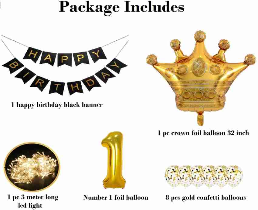 FLICK IN 24 pcs First Birthday Decorations Combo Confetti Crown Balloon Led  Light Decor Happy Birthday Banner Room Decoration Items Birthday Decoration  Items for Boys & Girls (Pack of 24, Gold) Price