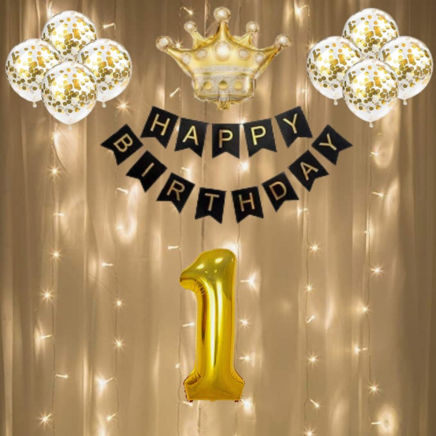 FLICK IN 24 pcs First Birthday Decorations Combo Confetti Crown Balloon Led  Light Decor Happy Birthday Banner Room Decoration Items Birthday Decoration  Items for Boys & Girls (Pack of 24, Gold) Price