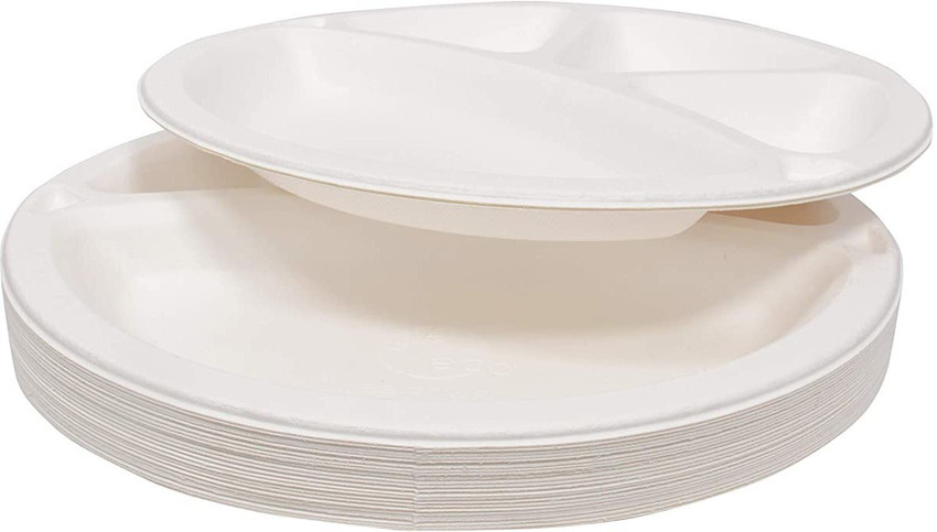 KRISHNA 4 Compartment Divided Disposable Plates Pack of 25 4 in 1 Eco Friendly Round Biodegradable White Thali 100 4CP Compostable Natural Thali Sugarcane Bagasse Birthday Party