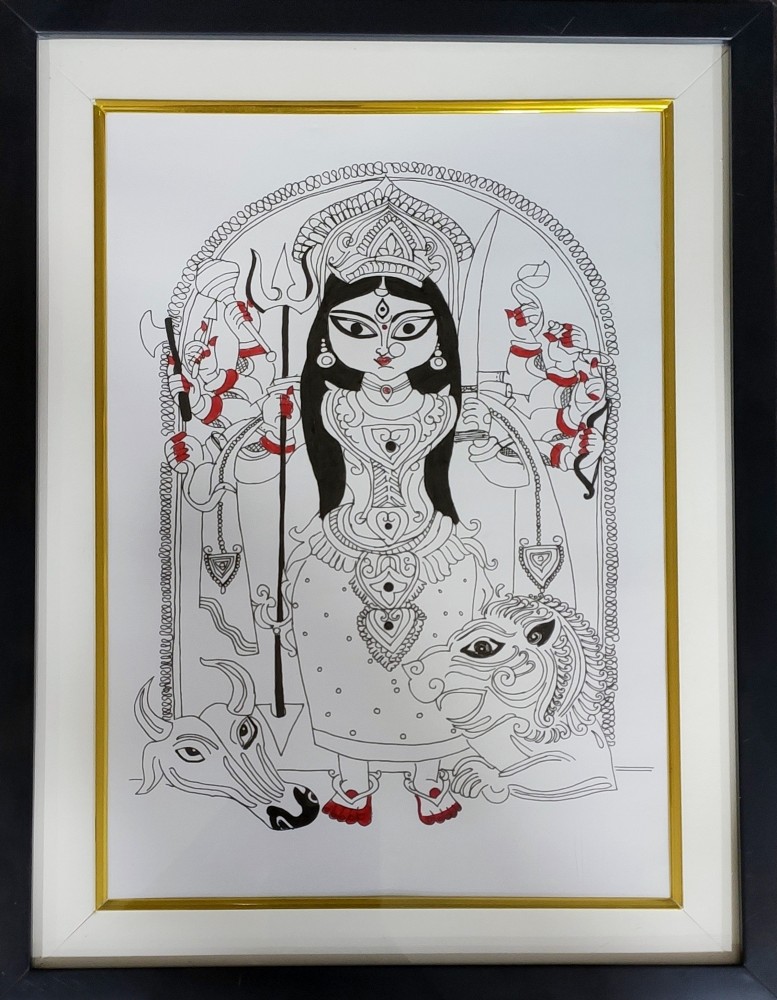 Handmade acrylic colour painting of Devi Durga on handmade fashion paper