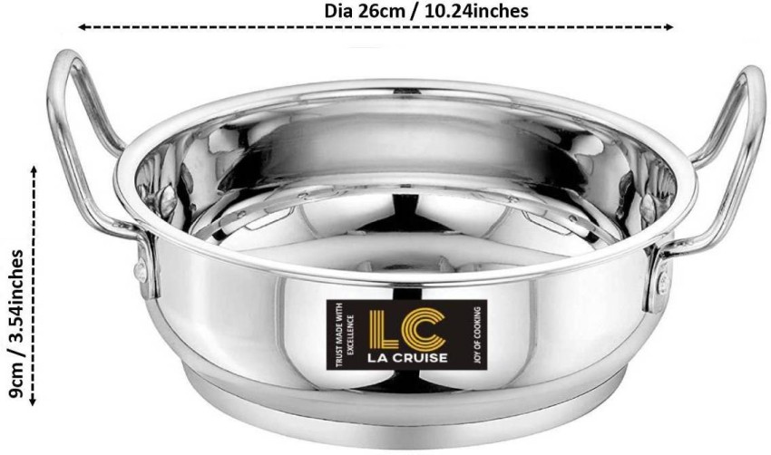 Stainless Steel Heavy Base Flat Bottom Kadai (1600 ml) With lid for Kitchen  Deep Frying Cooking