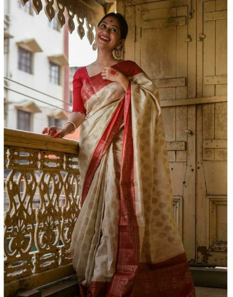 Buy Bermondsey Self Design Banarasi Silk Blend Red, White Sarees Online @  Best Price In India | Flipkart.com