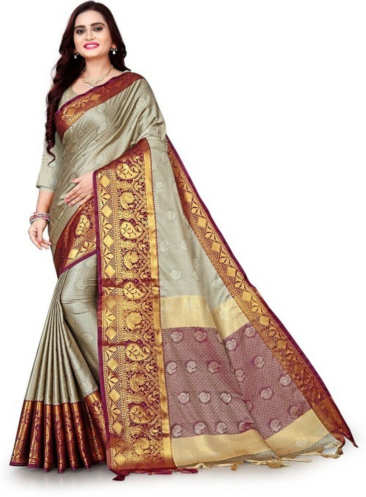 Belt Style Floral Soft Georgette Grey Lace border Saree With Blouse