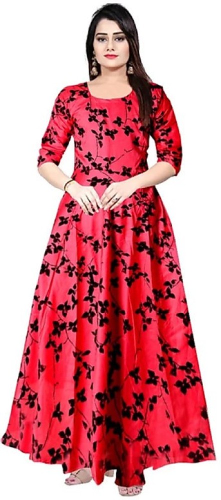 Red And Black Solid Cottinfab Womens Georgette Flared Long Dress