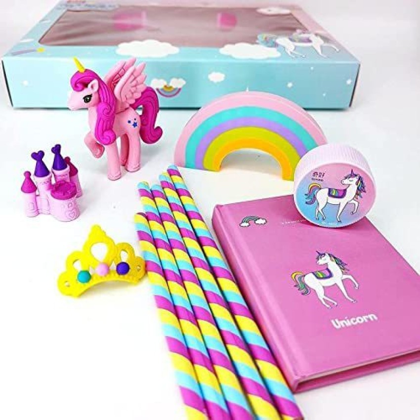 Purple Bee Unicorn Stationary Set for Girls Boys - with  Pencil, Eraser, Sharpener, Diary Stationery Kit for Kids - Birthday Party  Return Gift (Multicolor) Non-Toxic Eraser - Eraser Set For Kids