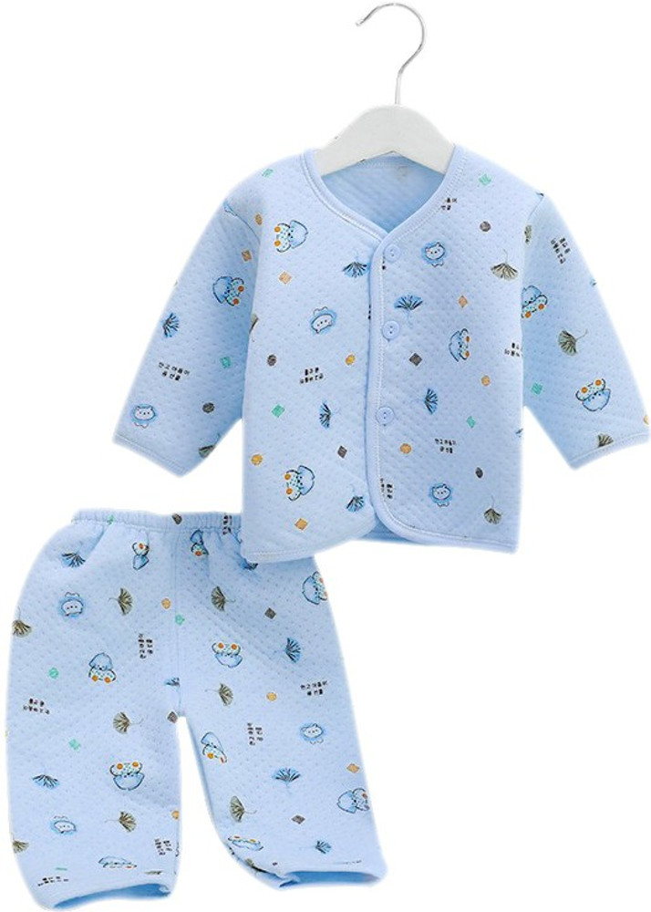 PIKIPOO Presents New Born Baby Winter Wear Keep warm Cartoon Printing Baby Clothes 2Pcs Sets Cotton Baby Boys Girls Unisex Baby Fleece Falalen Suit Infant Clothes First Gift For New Baby.Blue