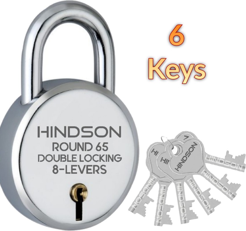 HINDSON Lock with 6 Keys Steel Round 65mm 8 Levers Silver Finish