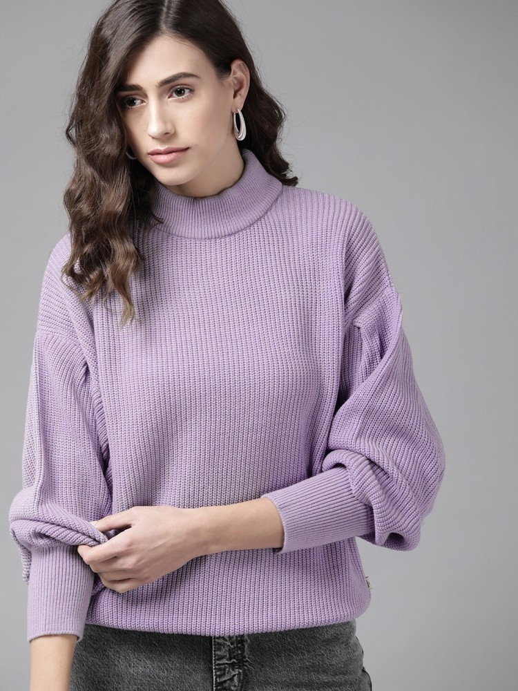 Roadster Solid Turtle Neck Casual Women Purple Sweater - Buy