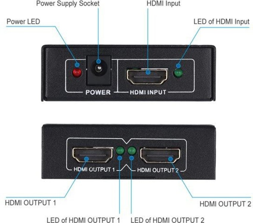 AIMERS TV-out Cable 1x2 HDMI Splitter 2 Ports, HDMI Splitter 1 in 2 Out,  Supports 3D 4K x 2K @30HZ FHD 1080P Supports TV's Or Multi Monitors Adapter  at Same Time 