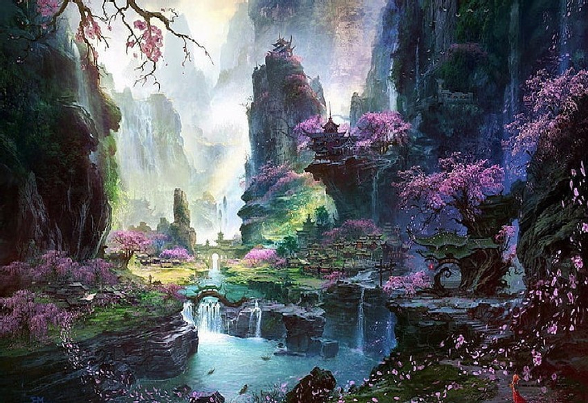 Smoky Design landscape fantasy art cherry blossom digital art