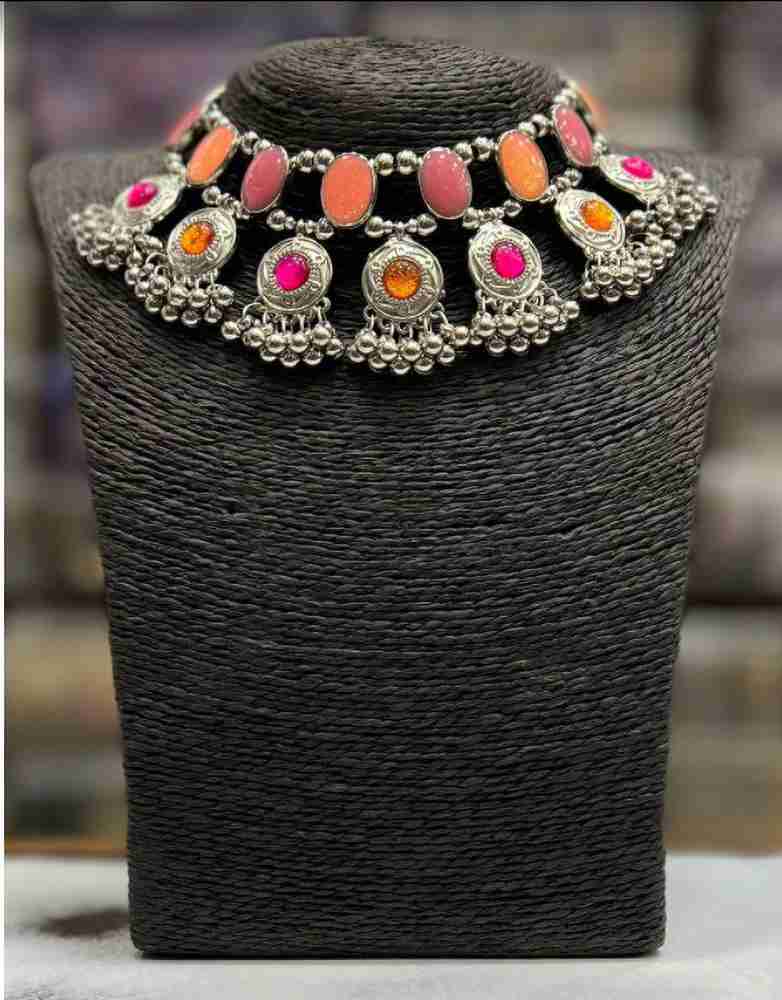 Fashly Primis Oxidised Silver Plated Meena Work Choker Necklace